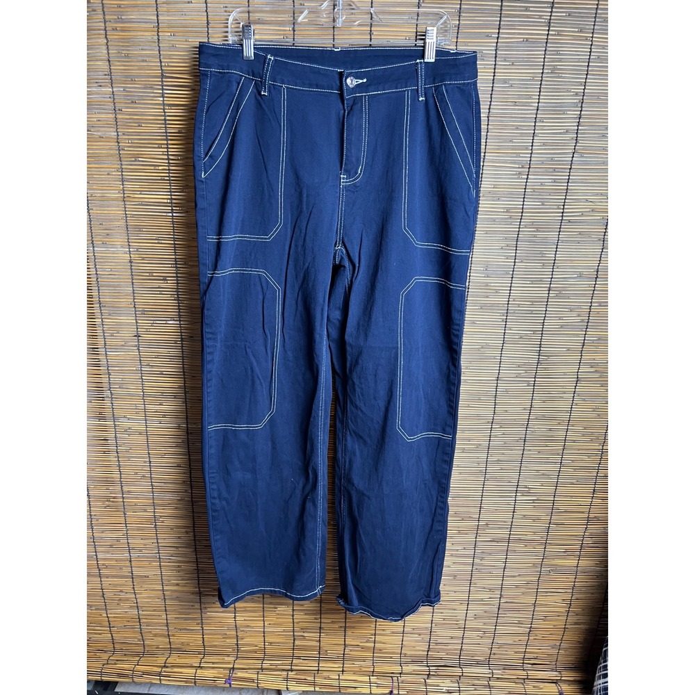 Dokotoo Womens Navy Blue Contrast Stitch Utility Carpenter Wide Leg Pants